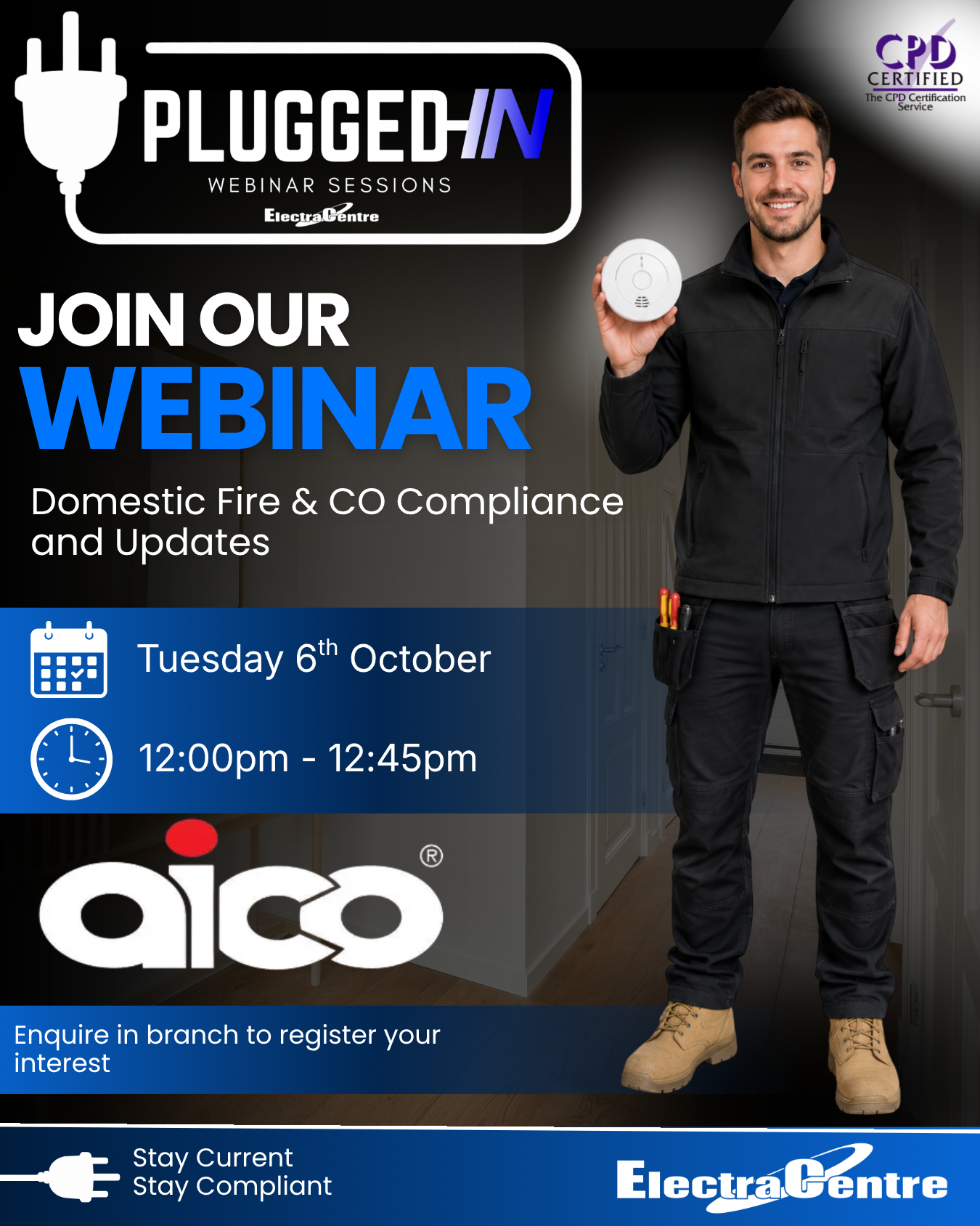 AICO Plugged In webinar artwork for Domestic Fire and CO Compliance and Updates